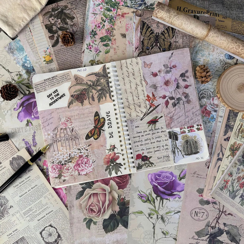 Diary newspaper decoration scrapbook material paper set of 30 pieces in retro style, featuring printed botanical vegetation, flower appreciation, handwritten letters, everything recovery, night reading starry sky, and classical music designs