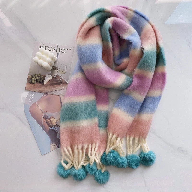 Vibrant Rainbow Mohair Tassel Scarf in various colors, perfect for winter fashion