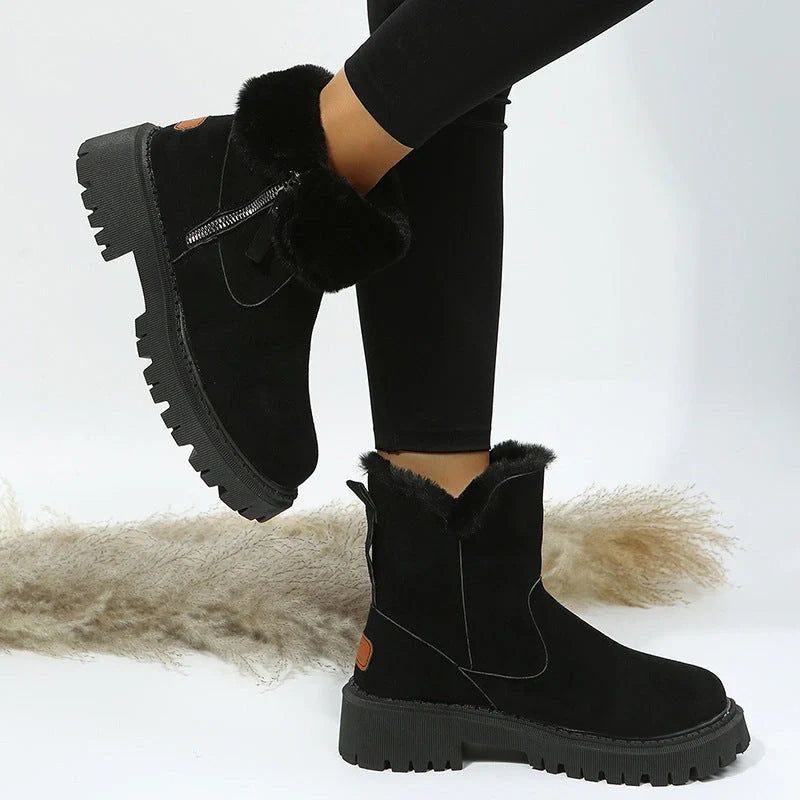 Women's snow boots with foldable plush tube and side zipper in black and khaki