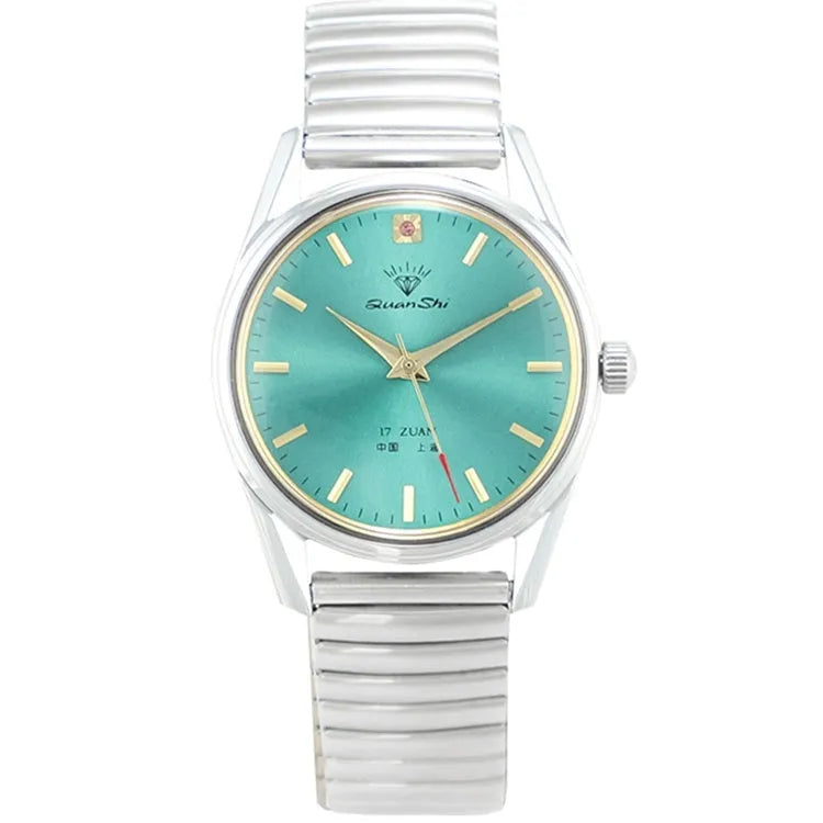 Men's wristwatch with a green dial and a black leather strap
