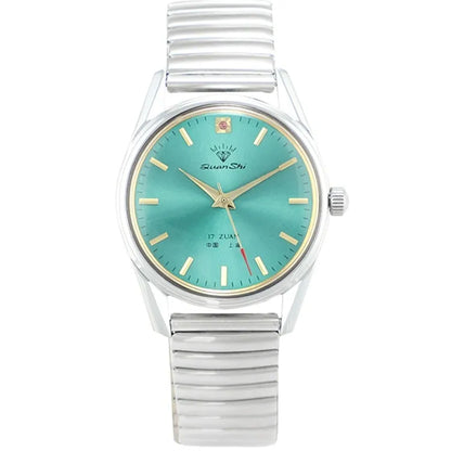 Men's wristwatch with a green dial and a black leather strap