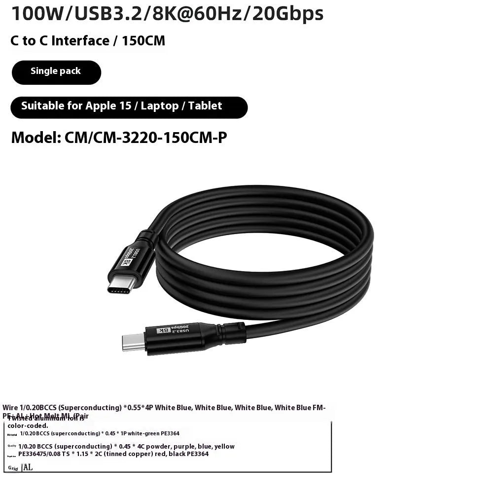 Black USB C to C HDMI cable with Type-C connectors, PVC jacket, and 8K 60Hz 20Gbps 100W ratings