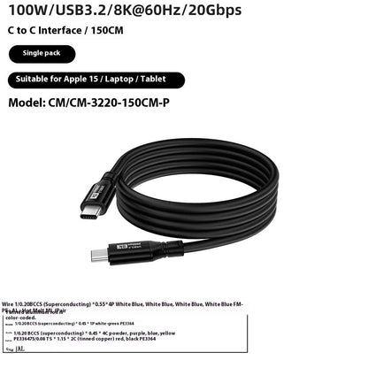 Black USB C to C HDMI cable with Type-C connectors, PVC jacket, and 8K 60Hz 20Gbps 100W ratings
