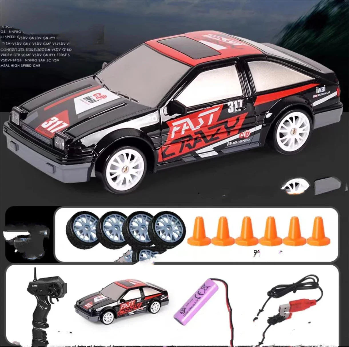 1:24 scale remote control drift car with powerful 4WD system, cool LED lights, and responsive 2.4 GHz remote for high-speed racing thrills