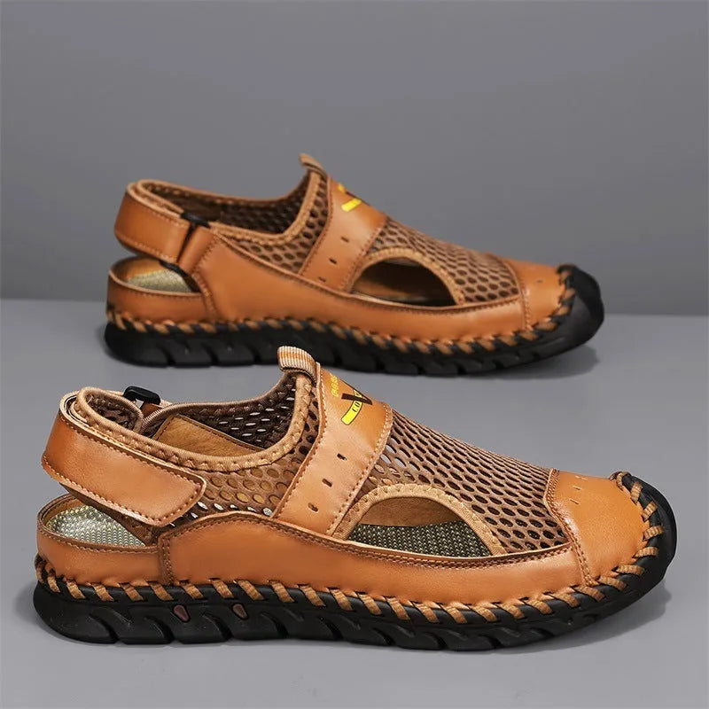 Men's Mesh Breathable Summer Hollow Shoes in genuine leather with elastic band, low-top round toe design available in brown, green, and black colours for casual leisure wear in UK sizes 38 to 46