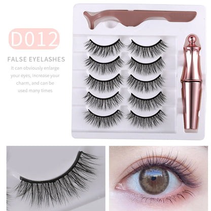 5 pairs of magnetic false eyelashes with tweezers and eyeliner on white background