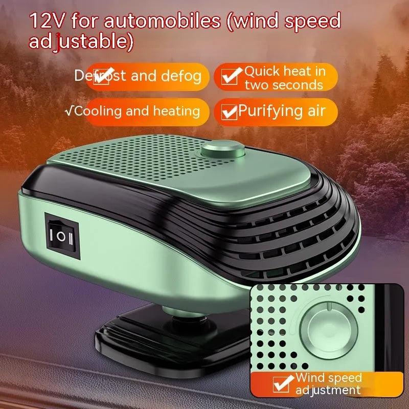 Compact white car heater with ventilation grilles measuring 5x11x13cm for 12V and 24V vehicle installation
