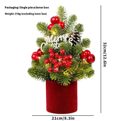 32cm tall desktop Christmas tree with LED-lit pine cone ornaments in red, champagne, or dark brown.