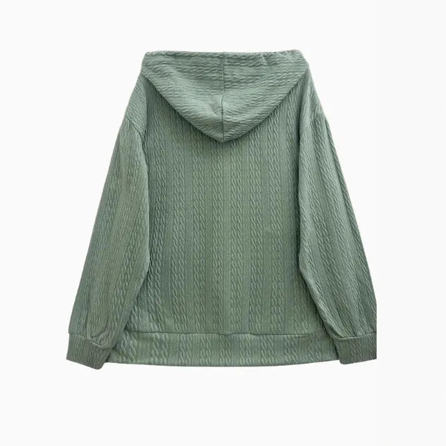 Green hooded zipper coat for women with loose fit, 50cm length, and front zipper closure in casual style.