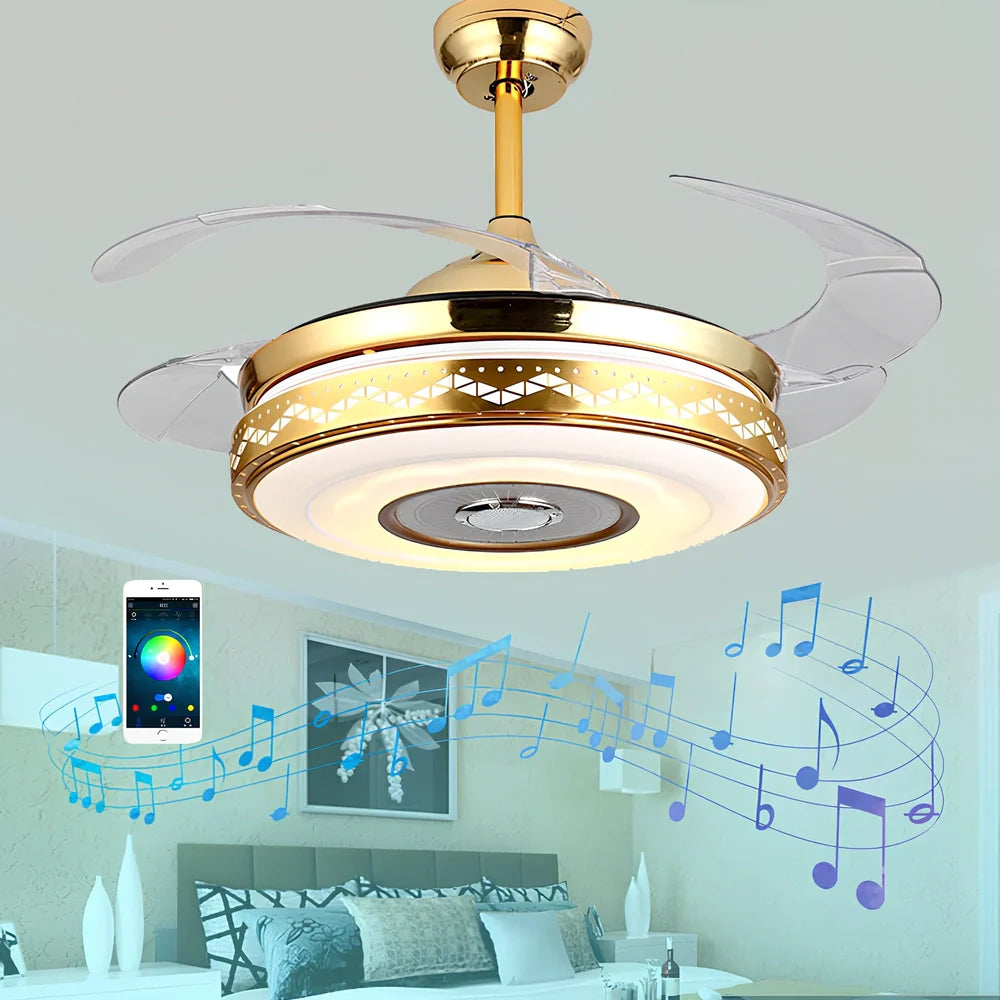 42-inch acrylic ceiling fan light in European style with Bluetooth music and gold three-tone LED, iron frame for living room installation