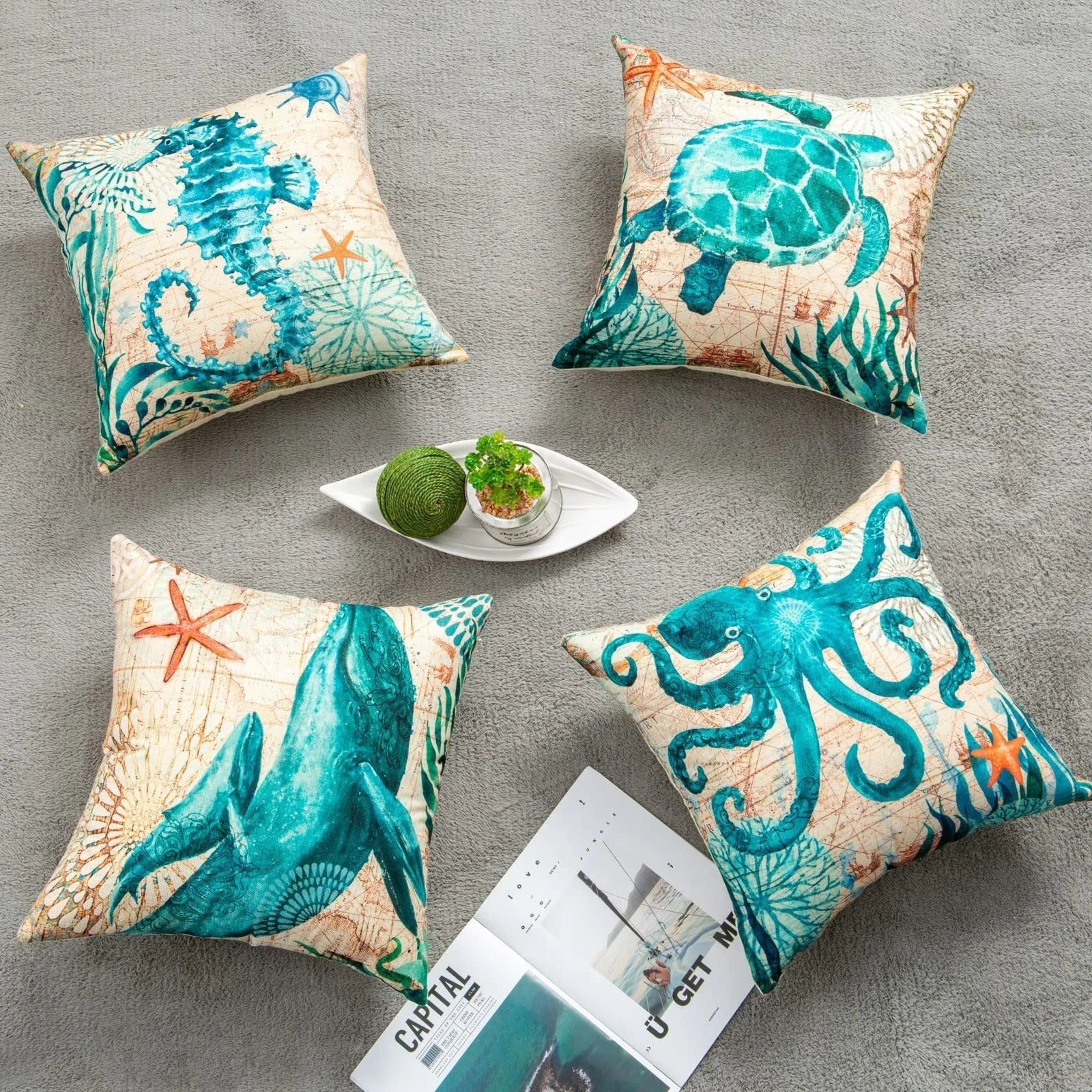 Colorful throw pillow covers featuring vibrant sea creature designs like turtles, octopuses, and seahorses printed on soft, durable linen fabric
