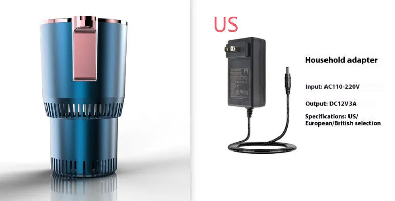 Black 12V car heating and cooling cup with digital display in a vehicle cup holder.