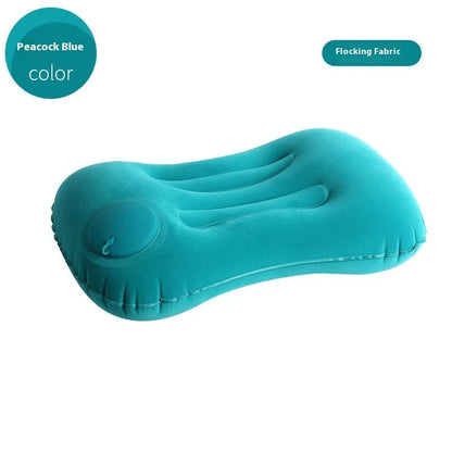Inflatable travel pillow in grey navy blue pink or peacock green with flocking surface