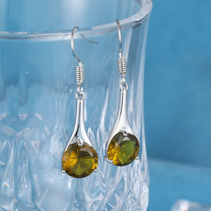 Olive green topaz earrings with water drop shape, electroplated alloy construction, and retro style for women