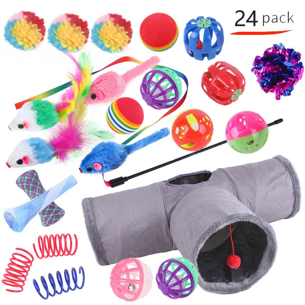 Plastic cat toy set with coloured tunnel channels and a ball for interactive indoor play.