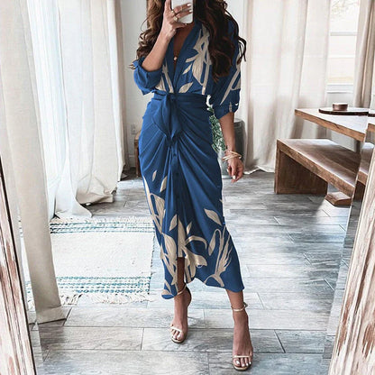 Elegant European and American printed maxi dress with long sleeves and lace-up detailing in various floral prints and colors