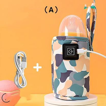 Portable milk bottle warmer with adjustable 55mm-75mm sleeve and temperature control
