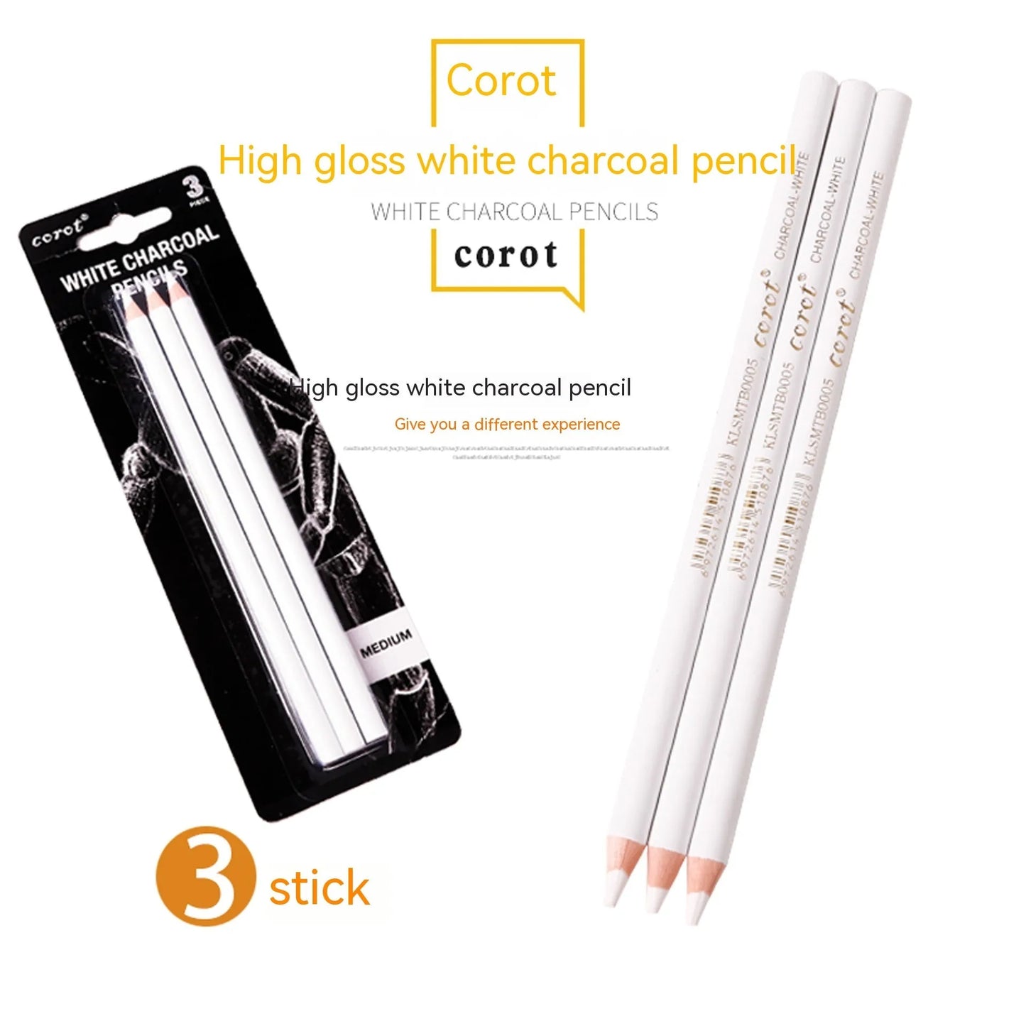 Three white charcoal pencils with wooden barrels for sketching on dark paper, 144 sets per box