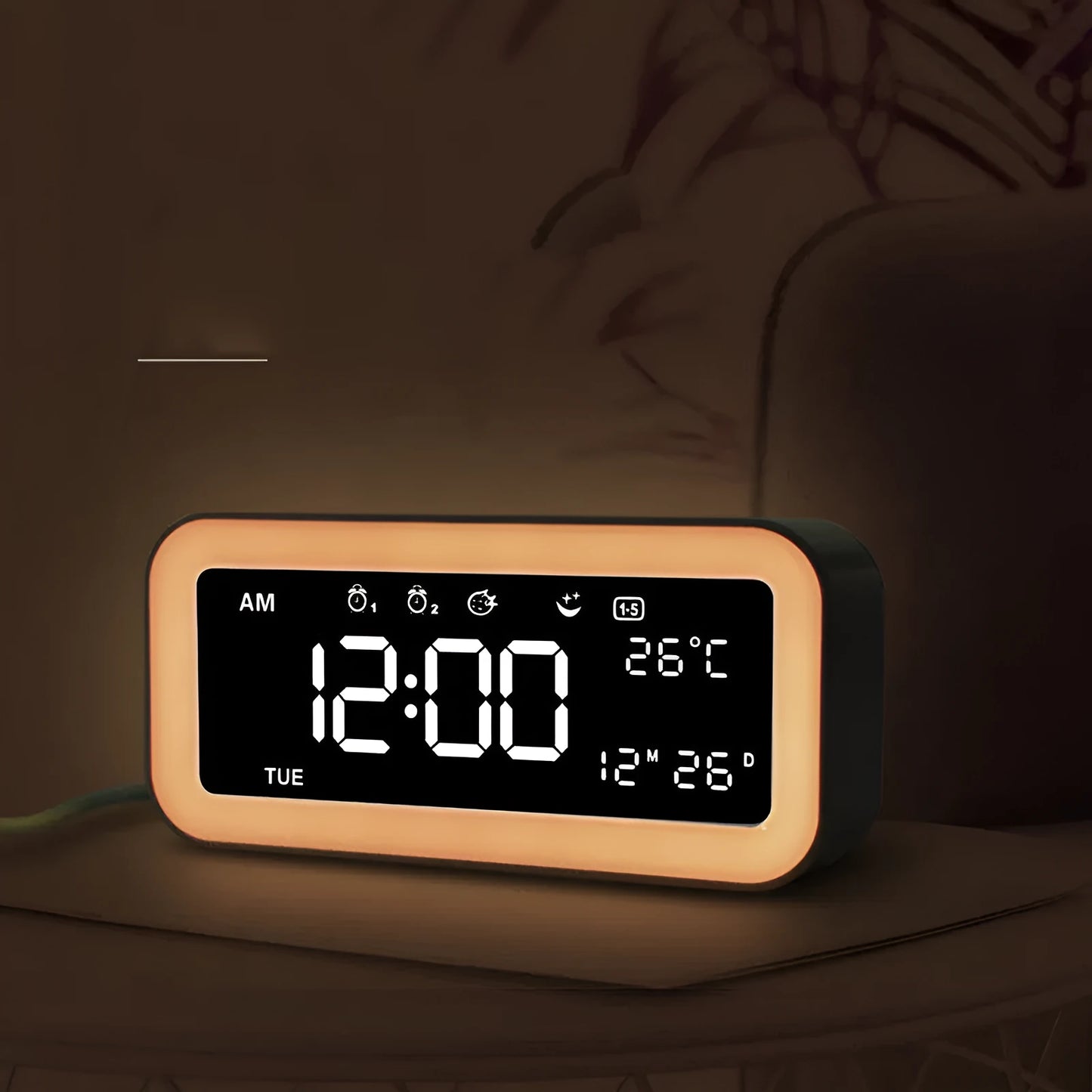 Blue rectangular LED atmosphere alarm clock with digital display and music function, 190x91x53mm