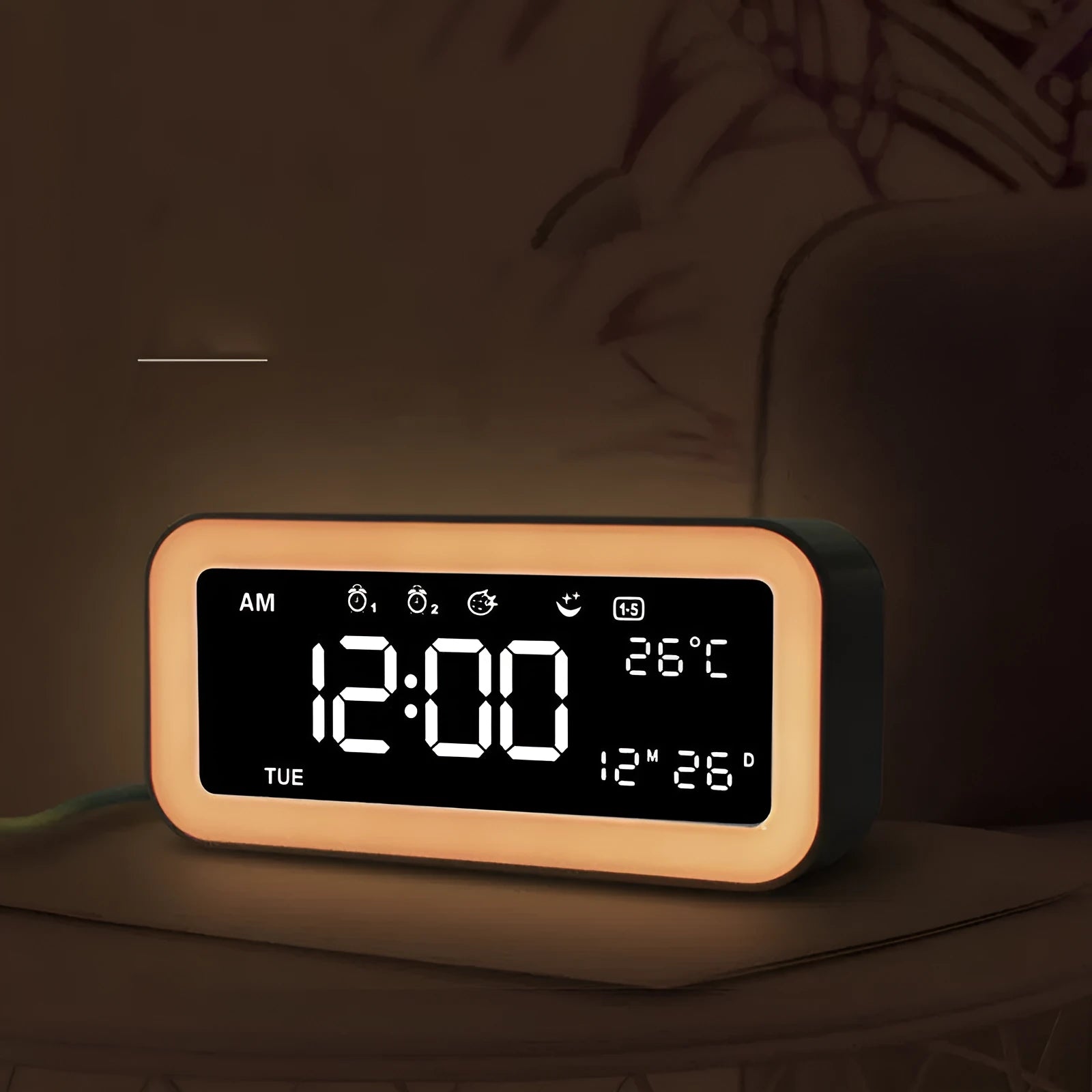 Blue rectangular LED atmosphere alarm clock with digital display and music function, 190x91x53mm