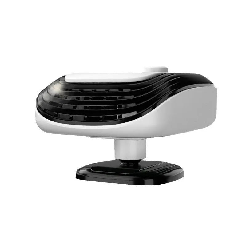 Compact white car heater with ventilation grilles measuring 5x11x13cm for 12V and 24V vehicle installation