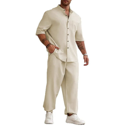 Men's cotton linen casual trousers set with short-sleeved button shirt in black, grey or apricot