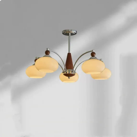 Persimmon glass chandelier with chrome frame in Middle Ancient style, shown with multiple glass shades.