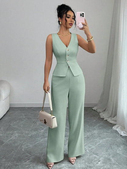 Women's sleeveless vest and high-waisted trousers two-piece set in solid colour casual design