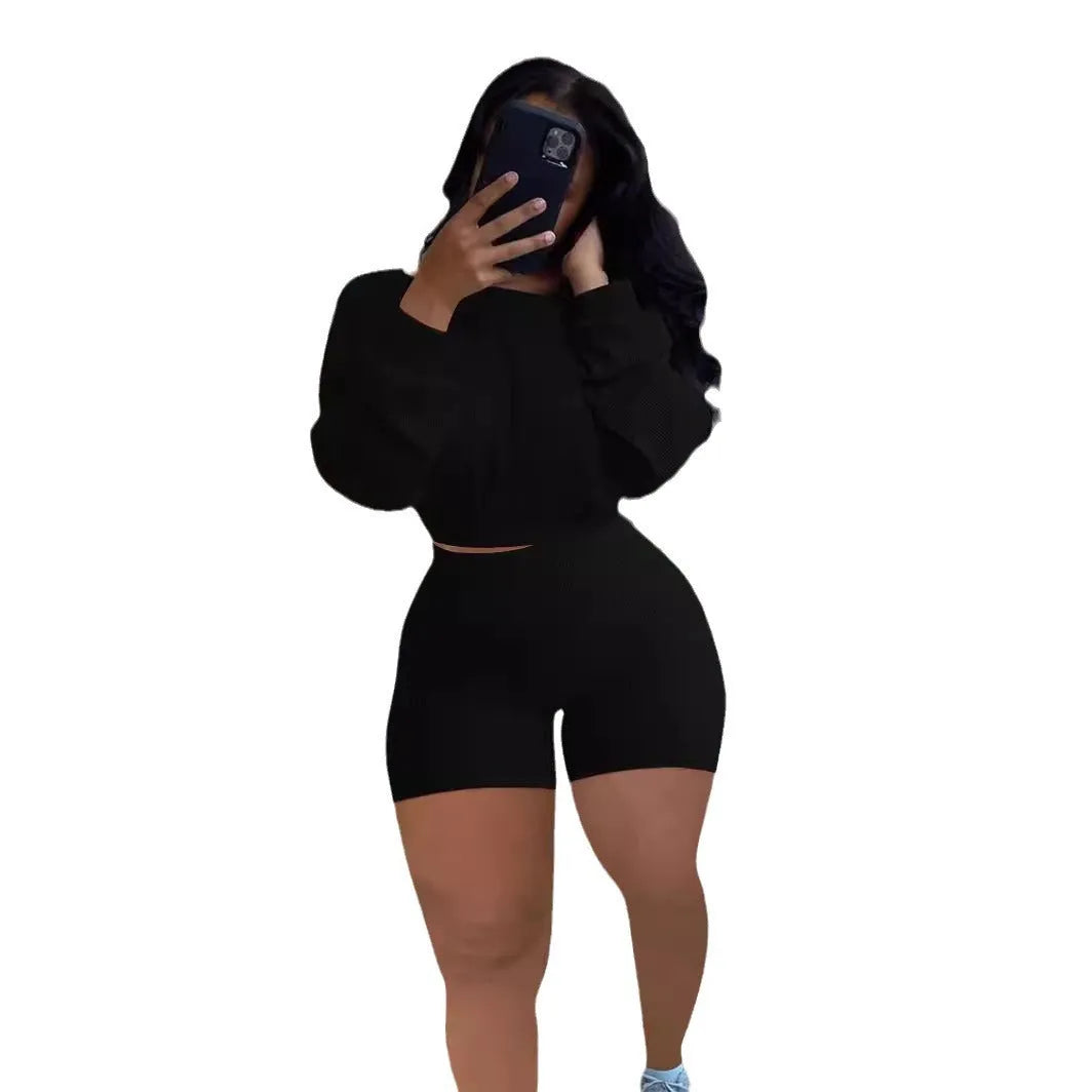 Women's sunken stripe off-the-shoulder two-piece set with long sleeves and matching shorts