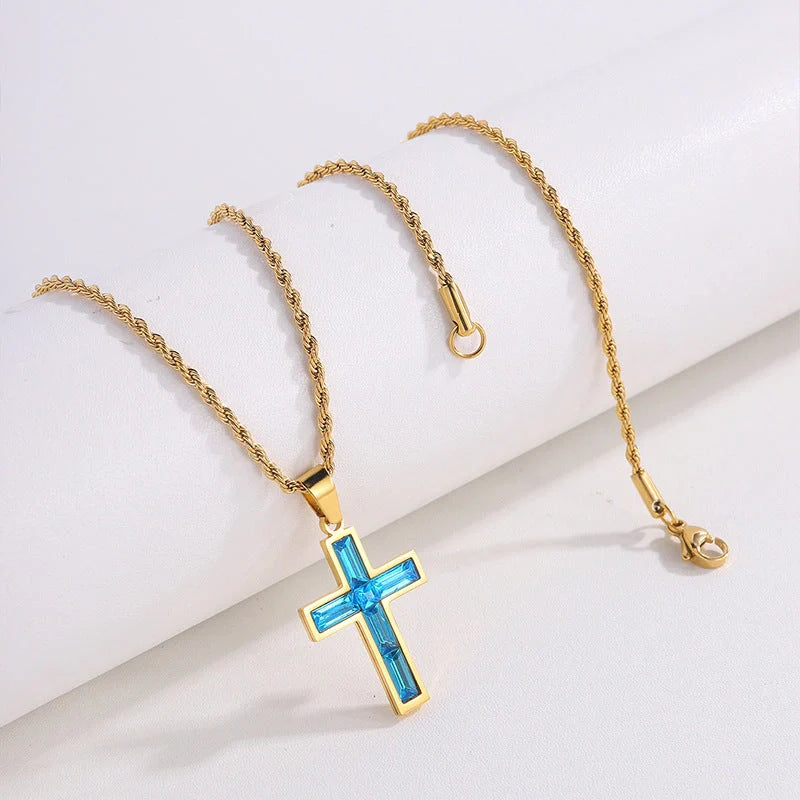 Elegant European and American-inspired diamond cross necklace with unique geometric design and vibrant, fade-resistant finish