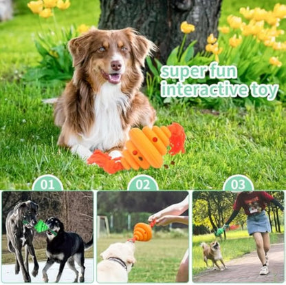 Green and yellow dog ball with attached knotted rope chew and feeder toy on grass.