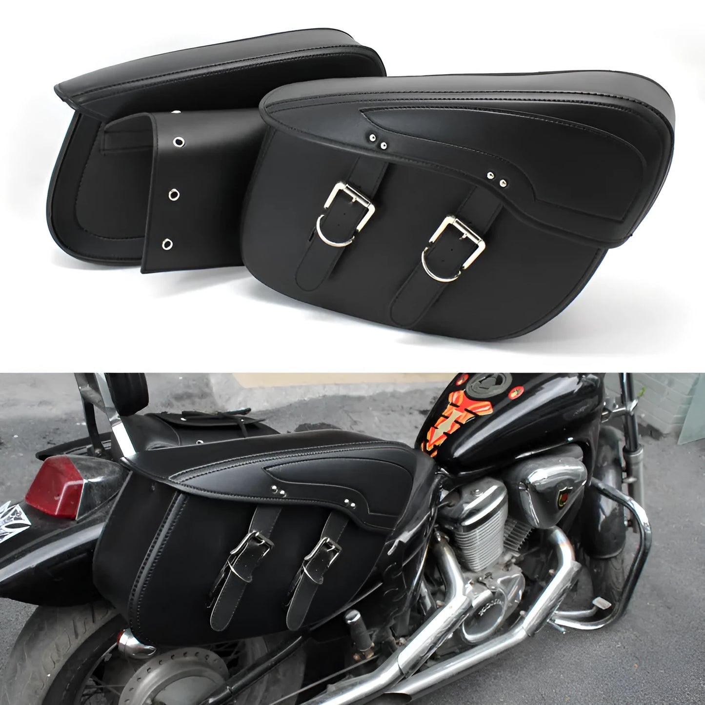 Retro black PU leather motorcycle side box saddlebag mounted on a bike.