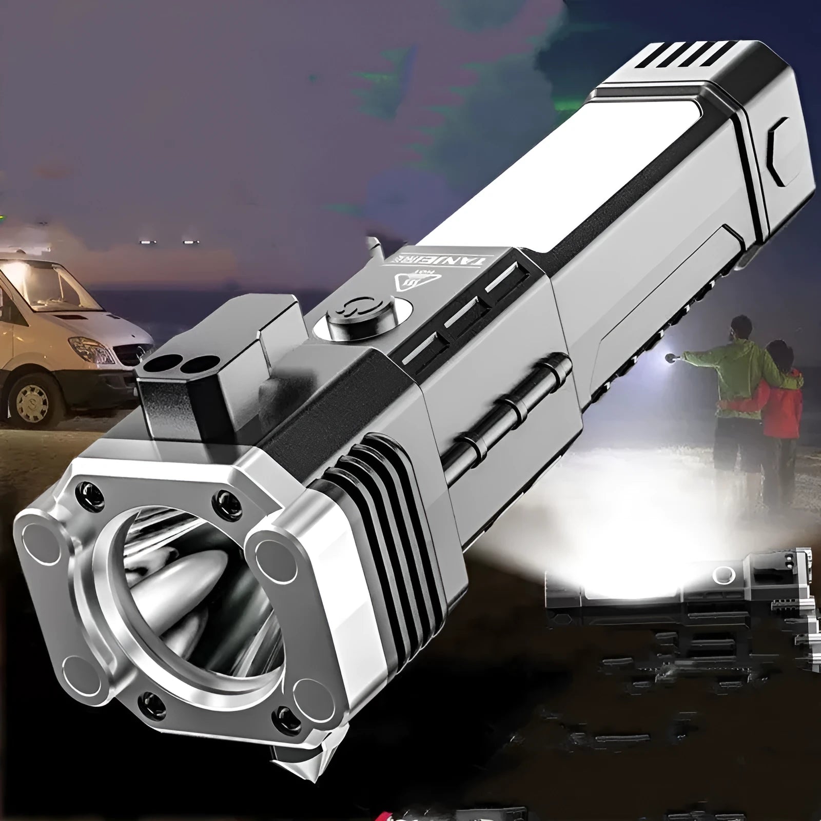 Silver portable LED emergency work light with power bank function for outdoor use