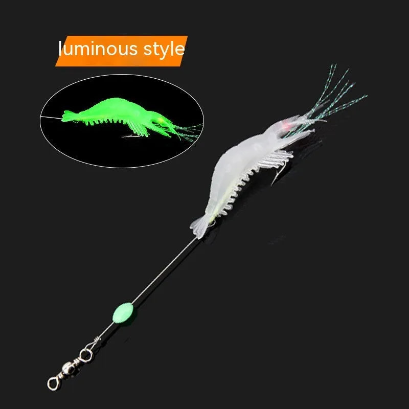 Six soft plastic fishing lures with hooks in various colours including luminous patterns