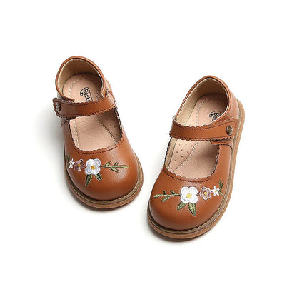Girls' leather shoes with embroidery, Velcro fastening, two-layer cowhide upper, beef tendon sole, black khaki or ivory white