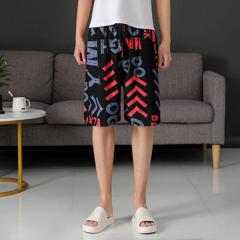 Men's loose casual beach trousers with striped pattern in quick-drying ice silk fabric