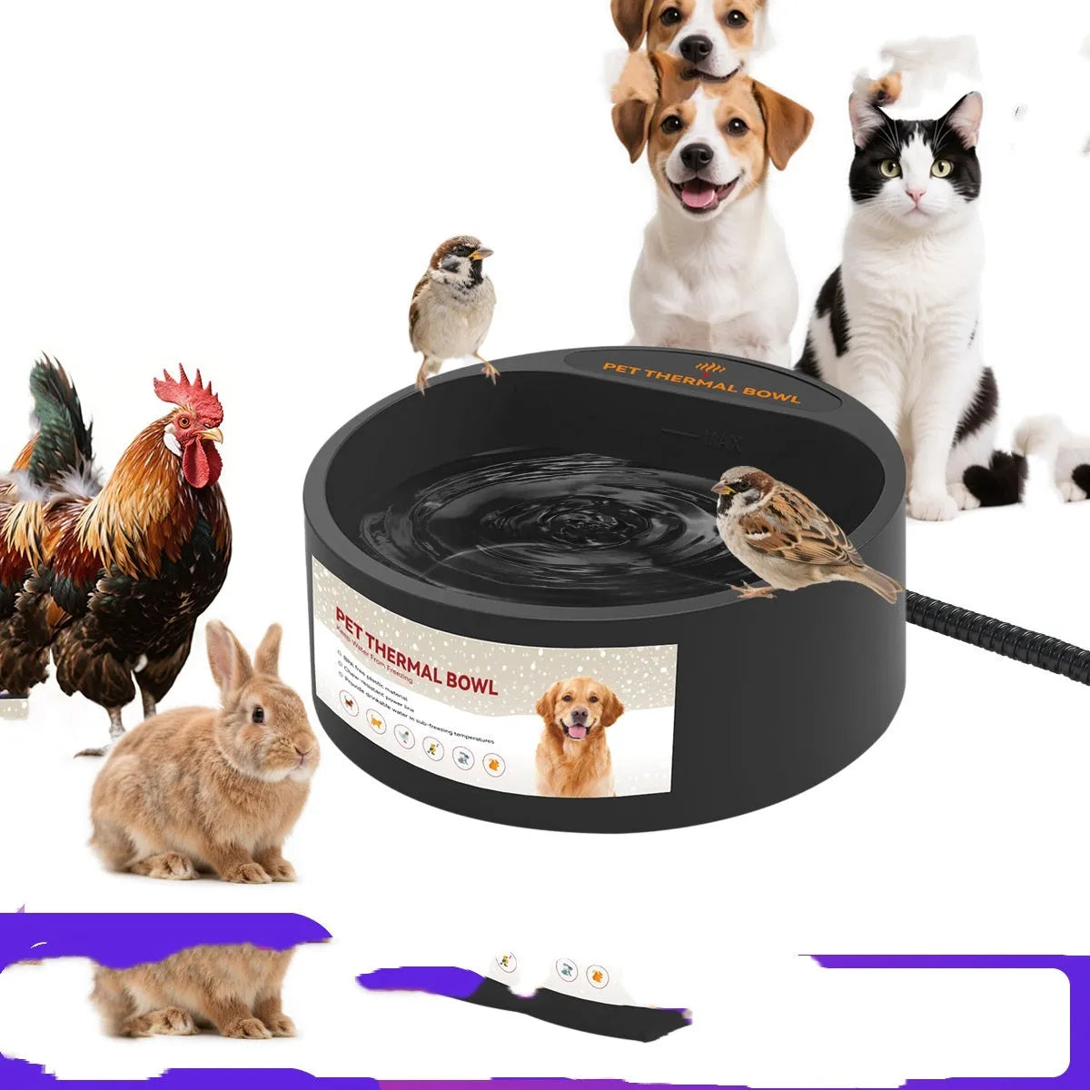 Black ABS plastic pet heating bowl with 2.2L capacity and 35W heating element