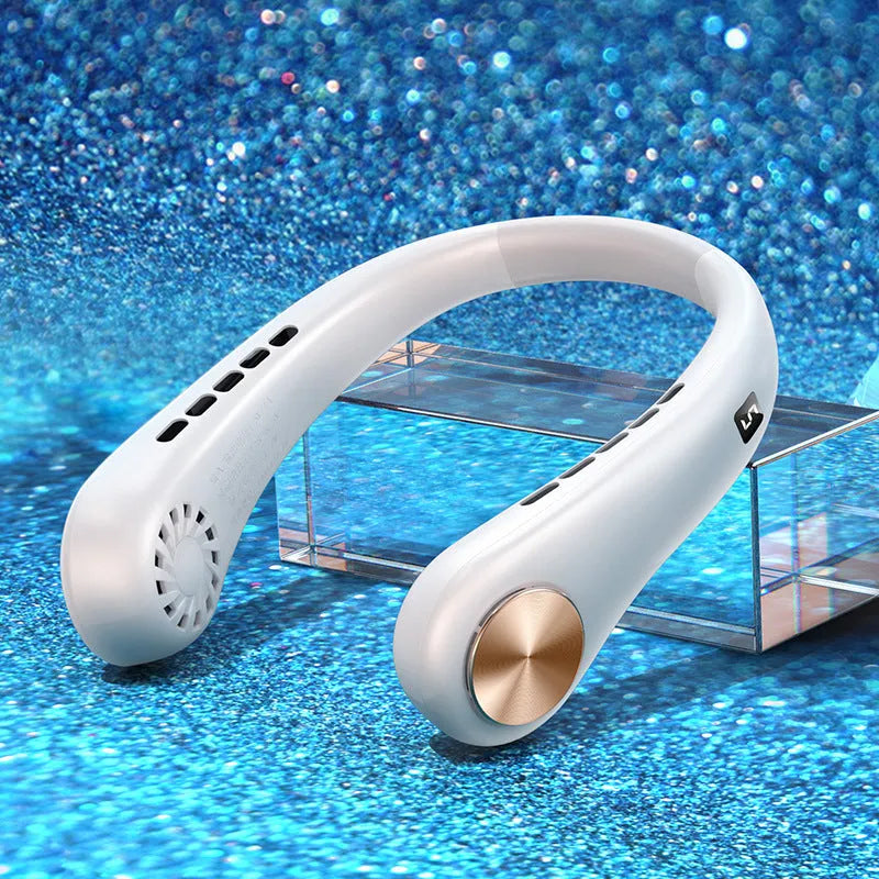 White bladeless hanging neck fan showing the annular air outlet and USB charging port.