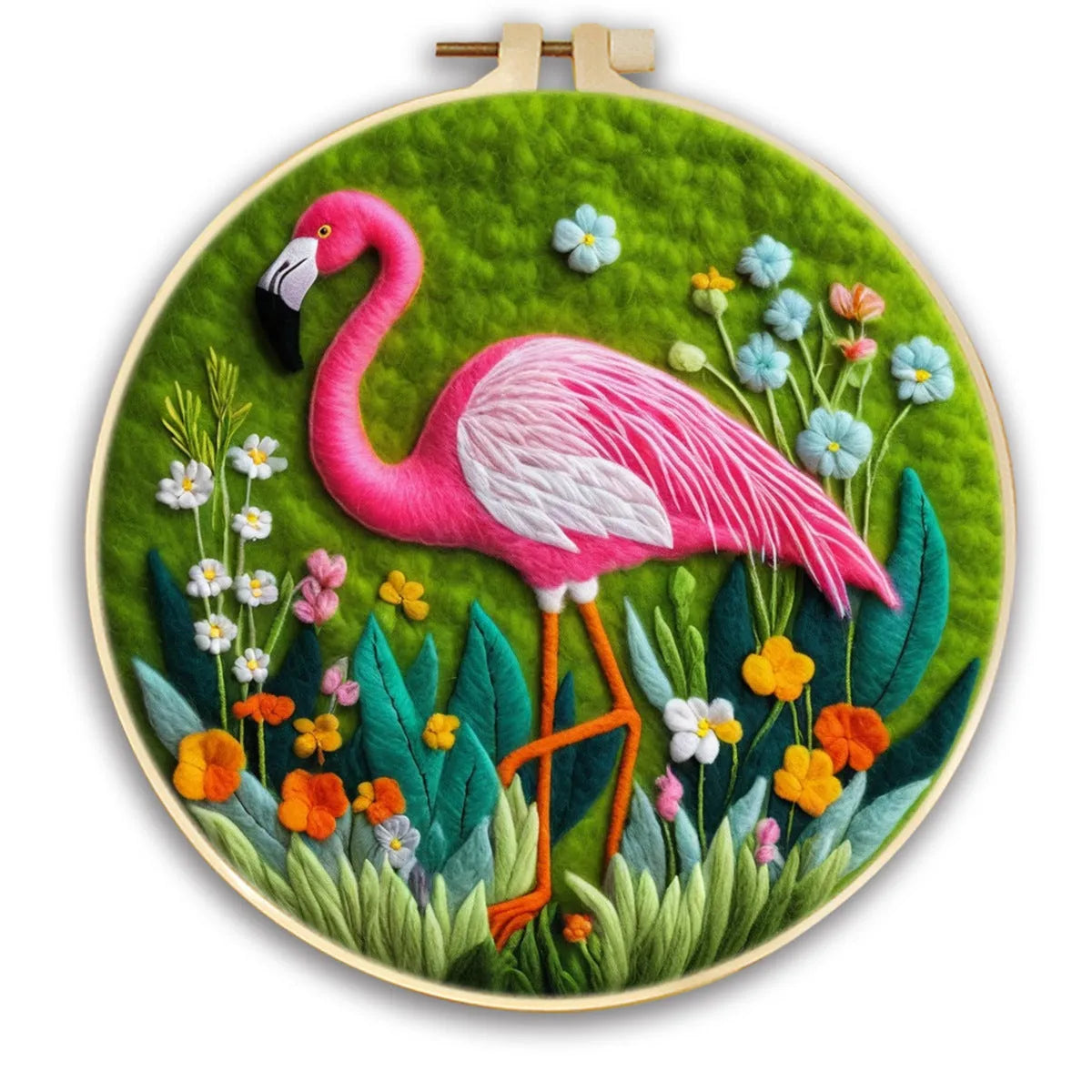 Round three-dimensional embroidery kit with linen fabric, wool felt pieces, and embroidery frame for 20x20 cm blanket painting