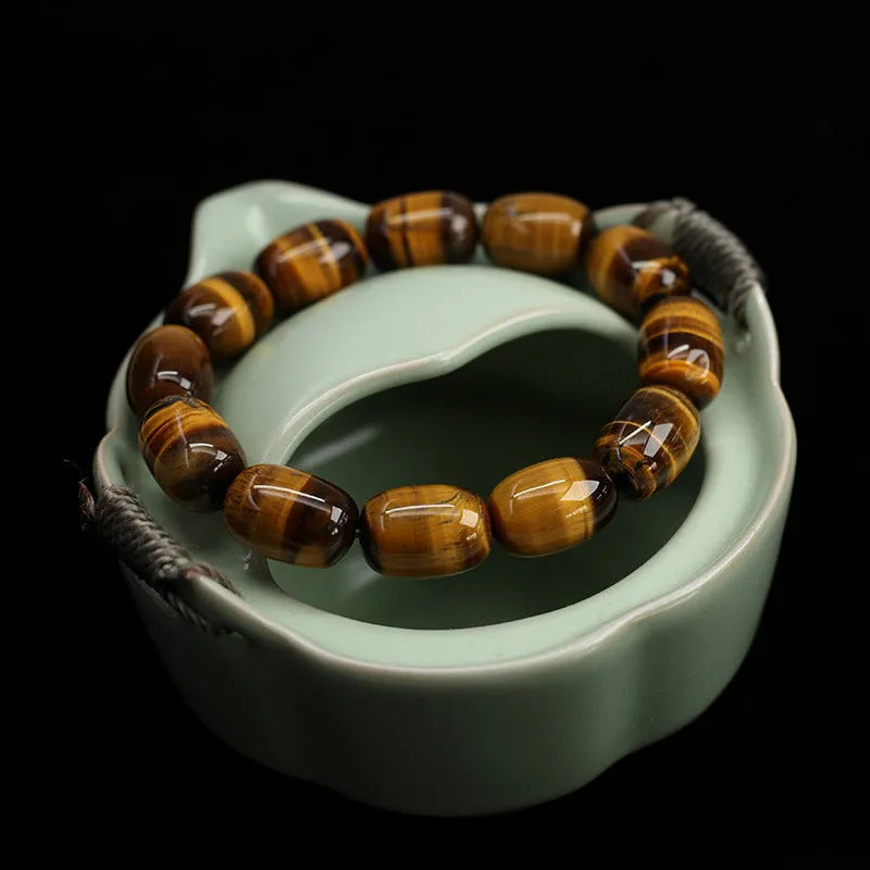 Natural yellow tigereye gemstone bracelet with ethnic constellation styling in two bead size options