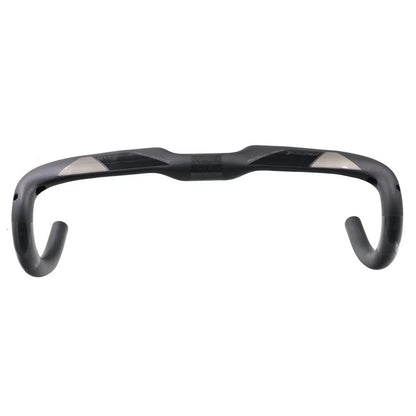 Matt carbon fibre road bike drop handlebar showing bent shape and clamp area.