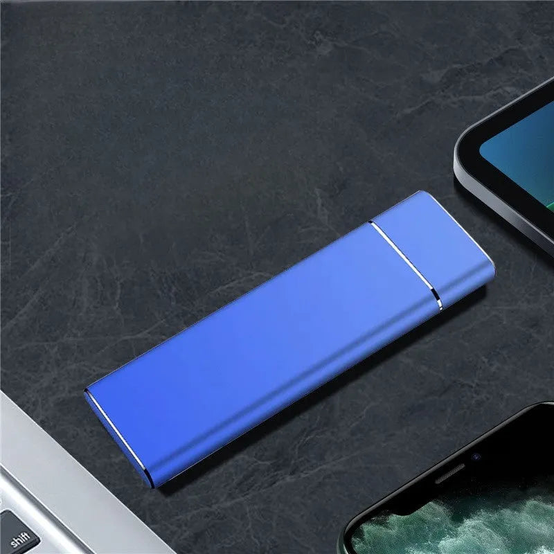 Portable solid state external hard disk with metal shell in sapphire blue colour showing compact dimensions