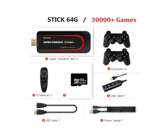 64-bit retro game console with HDMI port showing memory options of 64G, 128G and 256G