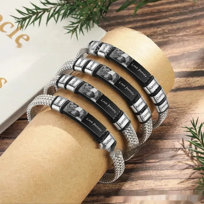 Stainless steel and leather rope bracelet with heart-shaped lettering beads on an adjustable band