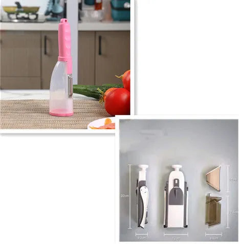 Orange multifunctional vegetable cutter kitchen tool with mandoline blades on a countertop.