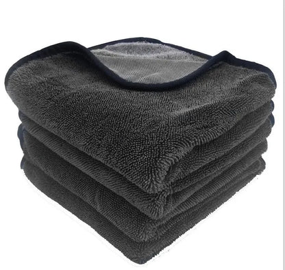 Grey car wash towel with black hemmed edge shown in multiple size options for vehicle cleaning