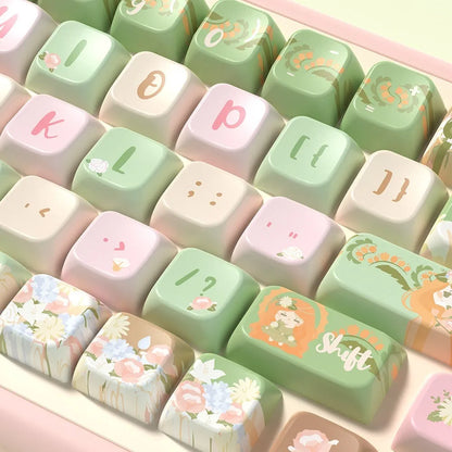 Mu Xia Garden Summer Garden design keycap set for mechanical keyboards, shown in full 138 or 158 key layout.