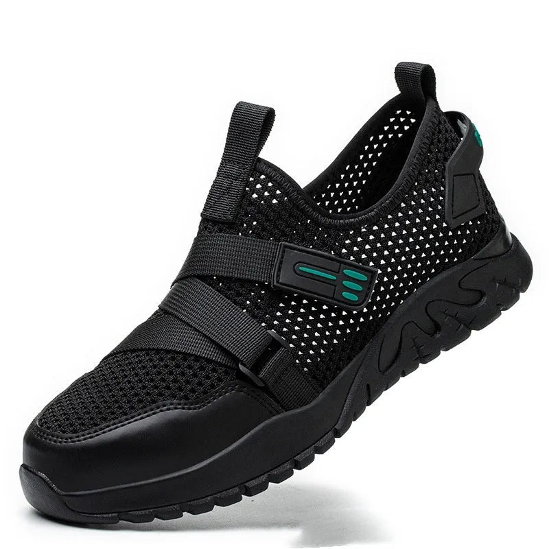 Men's grey anti-smash work safety shoes with flying woven upper and rubber sole