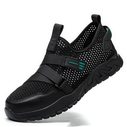 Men's grey anti-smash work safety shoes with flying woven upper and rubber sole