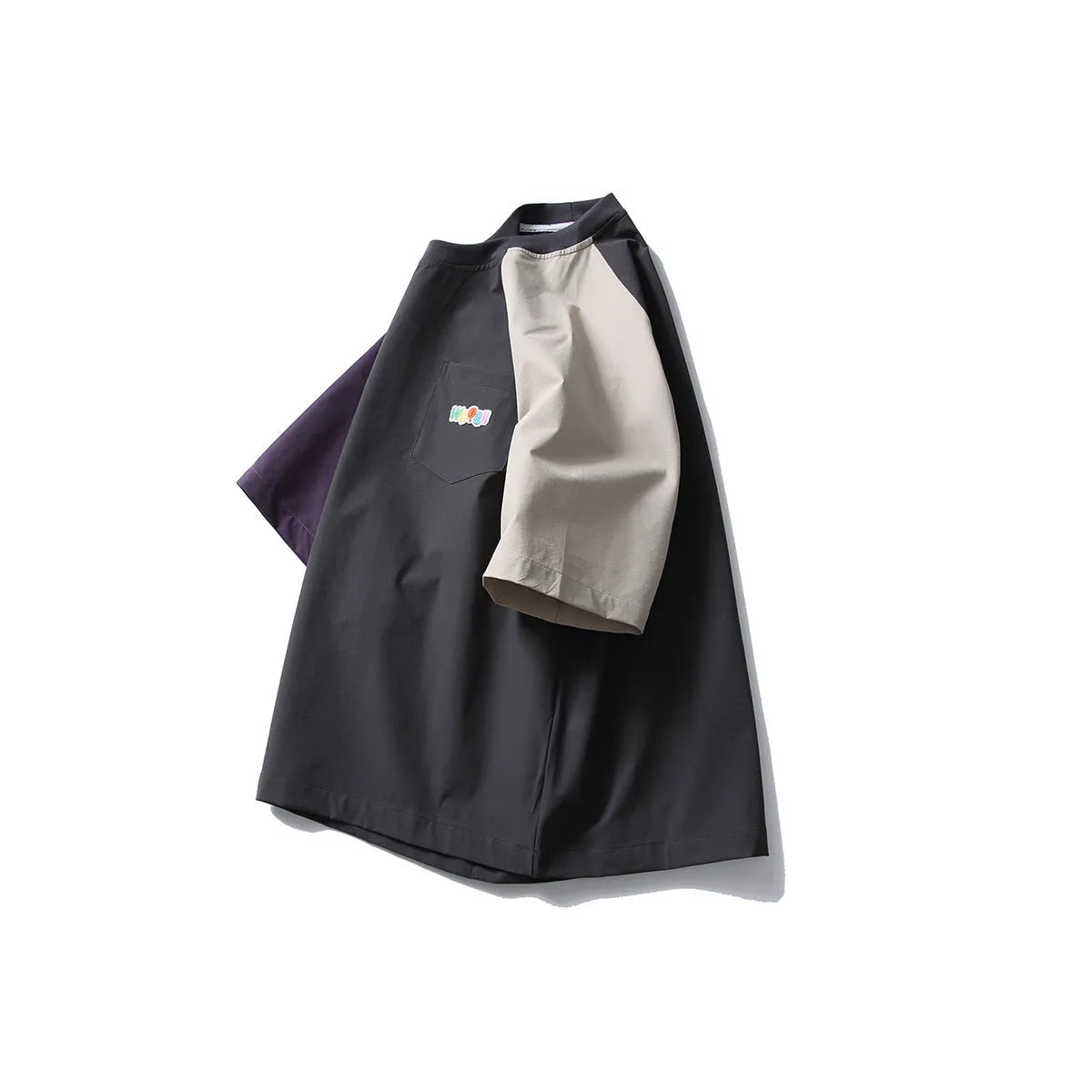 Dark grey men's loose fit t-shirt with contrasting colour raglan sleeves.